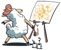 Koffie met Schaap mascotte als schilder achter een ezel.