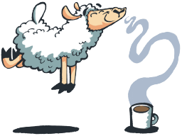 Koffie met Schaap mascotte zweeft naar een kop koffie