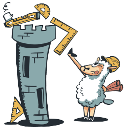 Koffie met Schaap mascotte als architect naast een middeleeuwse toren.