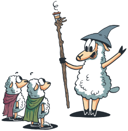 Koffie met Schaap mascotte als wijsgeer met pupillen.